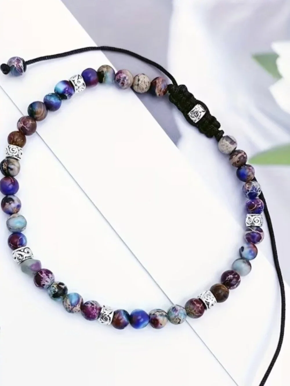 💜🩶NEW💜🩶 PRETTY!! 4MM PURPLE FLOWER STONE Adjustable Bracelet